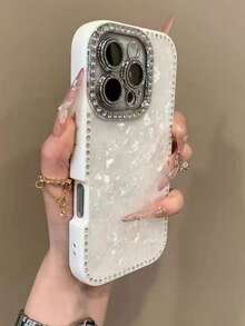 Luxury Laser Rhinestone Textured Phone Case, Compatible With IPhone 17 Pro Max/16 Pro Max/15/14/13, Stylish, Shock-Proof Protection, Hard Frame - White Shell Pattern - View 2