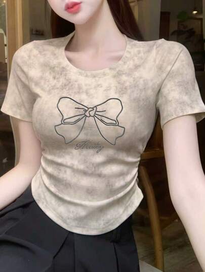 女士扎染蝴蝶结短袖T恤，腰部褶皱蝴蝶结印花修身露脐上衣，夏季修身圆领上衣