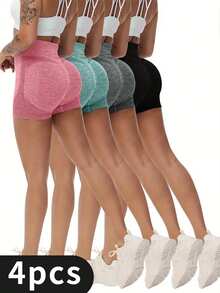 4pcs Women'S High Waist Sports Gym Shorts, Gym Shorts, Quick Drying High Stretch Seamless Yoga Short Leggings, Leggings For Women - 彩色 - 查看 1