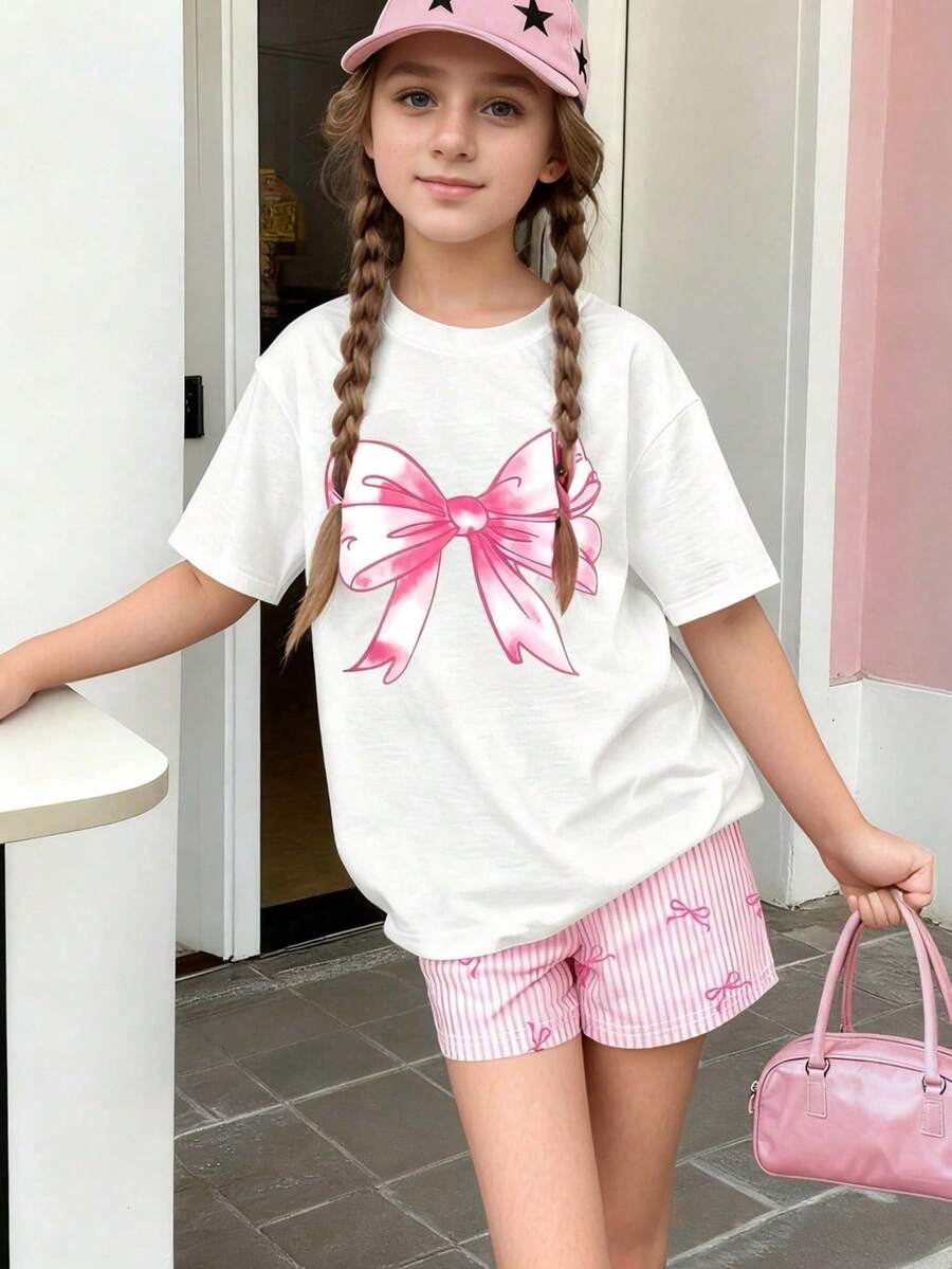 Bộ áo thun tay ngắn và quần short in nơ cho bé gái tuổi teen - trắng - Xem 1