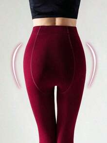 1 Pair Women's Wine Red Fleece Tights, Elastic Fitted Thin Fleecy Leggings For Autumn And Spring - 1 - 查看 4