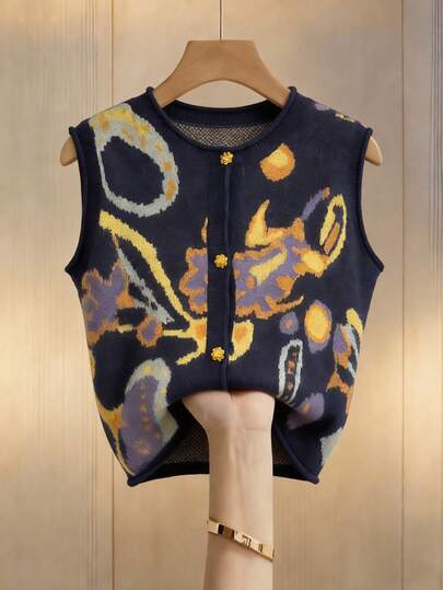 Minimalana Plus Size Women Loose Minimalist Casual New Autumn/Winter Colorblock Jacquard Sleeveless Cardigan