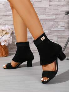 女士粗跟露趾踝靴，新款春夏高跟黑色裤筒凉鞋，时尚百搭露趾靴，女士夏季露趾靴，仿麂皮夏季凉鞋靴 - 黑色 - 查看 3