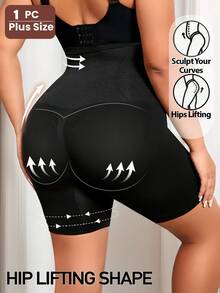 1pc Plus Size Women High Waist Seamless Front Button Design Shaping Shorts, Lifting Buttocks And Slimming Thighs Tight Yoga Shorts - Black - View 1