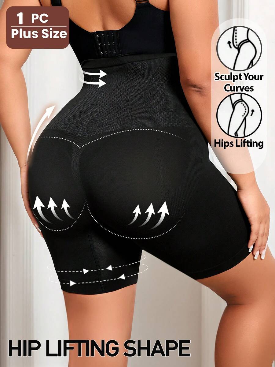 1pc Plus Size Women High Waist Seamless Front Button Design Shaping Shorts, Lifting Buttocks And Slimming Thighs Tight Yoga Shorts - Black - View 1