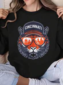 Unisex Printed Sweatshirt Cincinnati Football Tiger With Cap And Sunglasses Graphic Design Perfect For Game Day Gift For Fans Casual Wear Outfit - Black - View 1