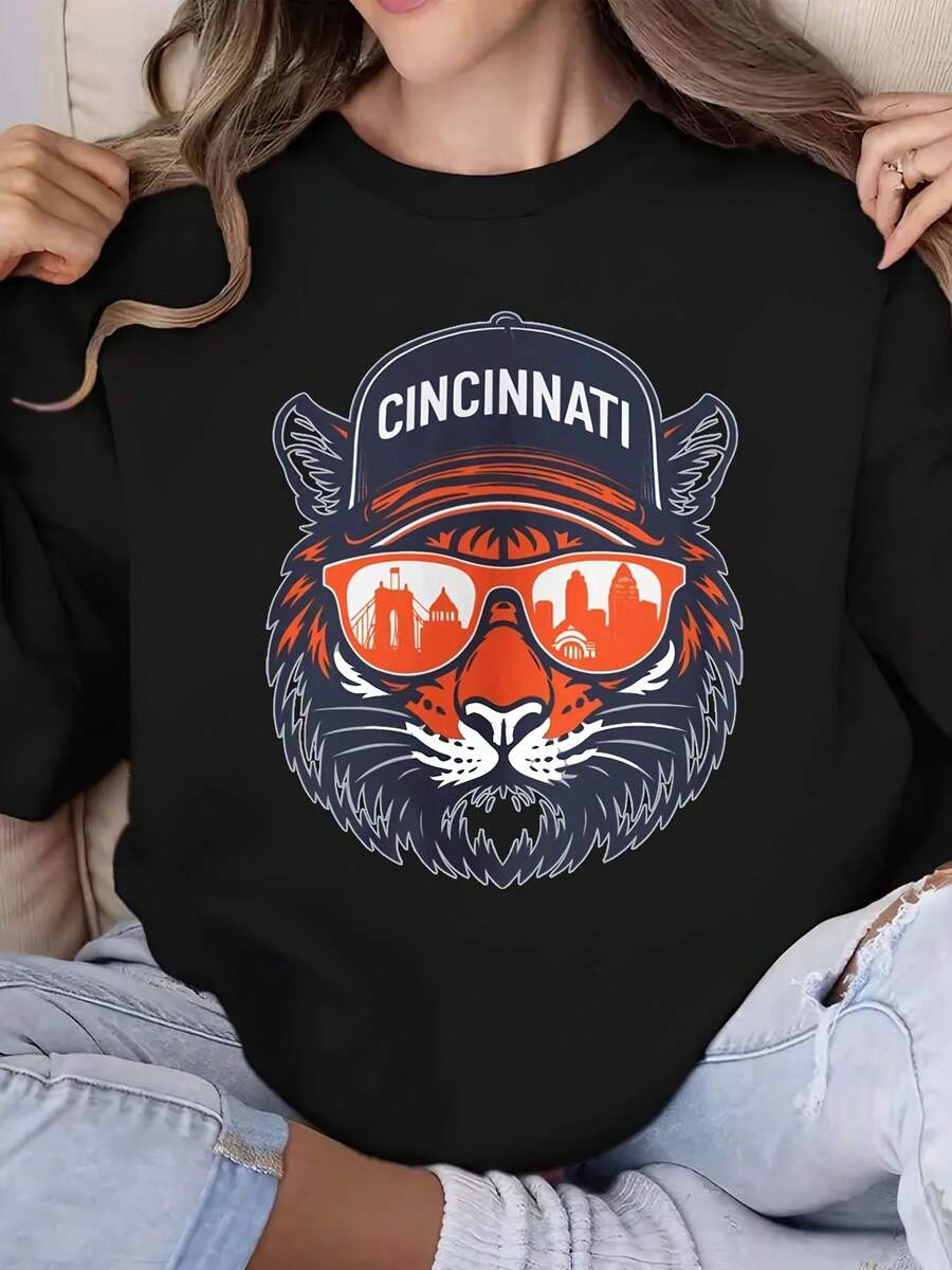 Unisex Printed Sweatshirt Cincinnati Football Tiger With Cap And Sunglasses Graphic Design Perfect For Game Day Gift For Fans Casual Wear Outfit - Black - View 1