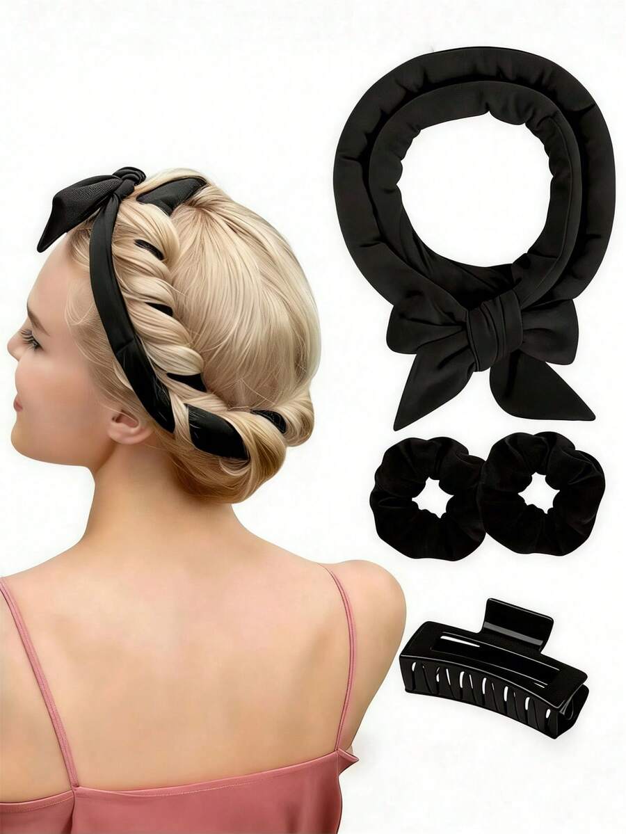 4pcs Women's Hair Accessories & Styling Tools, No-Heat Hair Curler, Hair Clips, Hair Ties