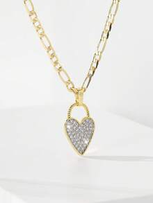 1pc Classic European Style Copper Inlaid Zirconia Heart Pendant Necklace, Limited Edition "Light Of Protection", Suitable As Gift For Christmas, Thanksgiving, Halloween, Mother's Day, Valentine's Day, Friends, Communion, Daily Wear, Prayer - Yellow Gold - View 5