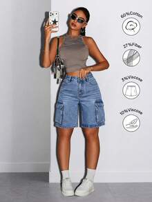 Shorts vaqueros de cargo de verano para mujer con bolsillos laterales y con solapa, estilo callejero retro, diseño de pierna recta, uso diario elegante. Casual - Azul claro - Ver 5