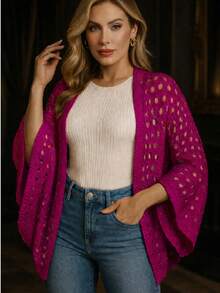Lace Kimono Cape For Winter, Elegant Knit, One Size - Plus Size - Màu đỏ tím - Xem 2