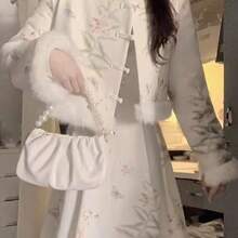 Fall Winter New Chinese Style Matching Set- Vintage Floral Print Qipao Dress With Frayed Hem Short Jacket, Modern Two-Piece Outfit For Party Date& Daily Wear - 米色 - 查看 5