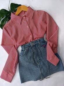 Polyester Button-Down Shirt, Everyday Wear, Spring/Summer/Winter - 粉紅色條紋 - 查看 6