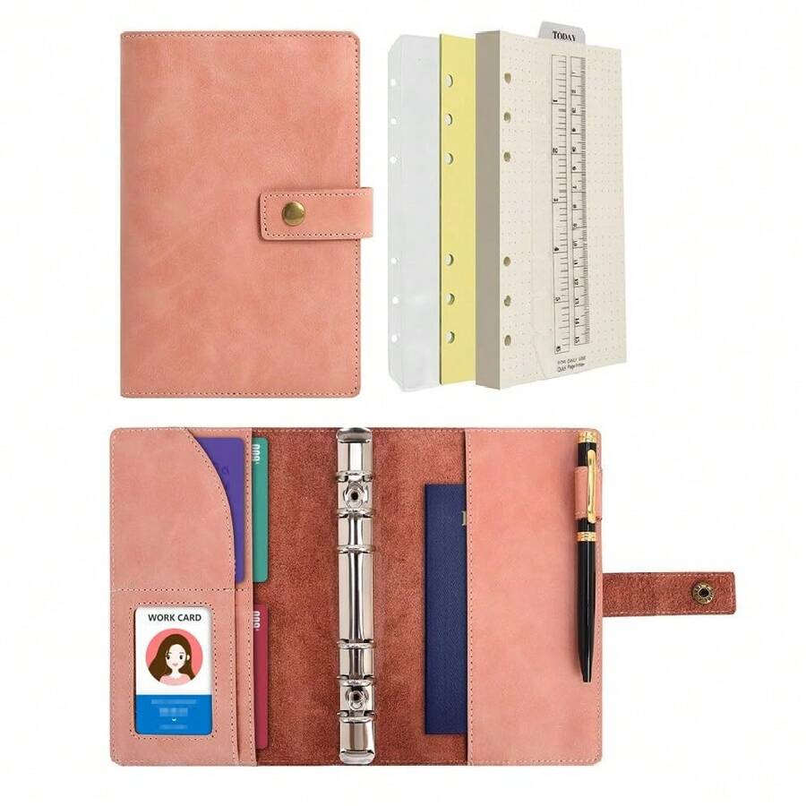 Leather Journal Dotted Paper Refillable Writing Binder Notebook - Leather Spiral Diary With Inner Organizer Pockets For Man And Woman (Pink, A6) - 粉色 - 查看 1