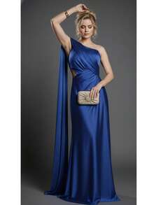Bridesmaid Dress For Graduation Guests With Cape Sleeves In Trilobal Satin, Fuchsia, Olive Green Or Terracotta. - Blue - View 1
