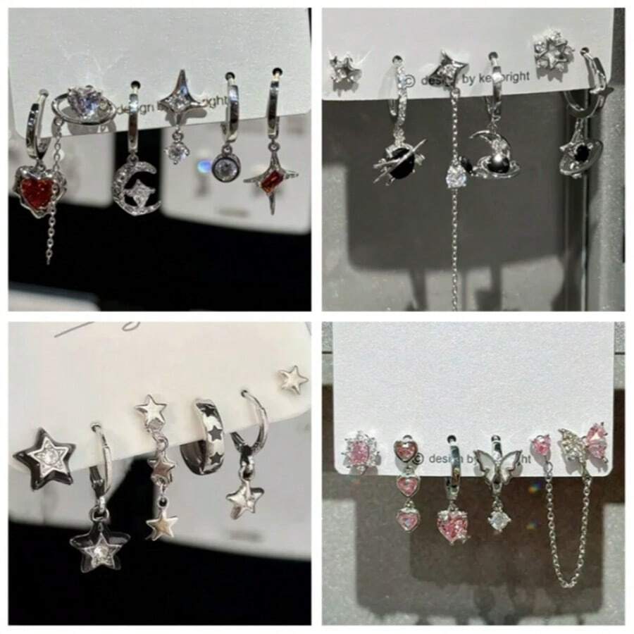 6件套哥特风红色水晶星星爱心黑色五芒星吊坠耳环，女士复古美学Y2K珠宝配饰 - 彩色 - 查看 1
