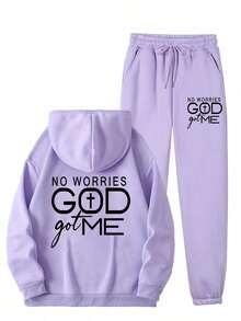 Fashion Hoodie Set] Fashion No Worries GOD Got Me Printed Hoodie And Sweatpants Set For Women, Kangaroo Pocket Outfit,Women's Spring And Autumn Clothing,Essential Winter Set,Women's Winter Clothing, Elegant Collection, Cute Sweater, Casual Attire, Comfortable Fit, Pullover Top, Stylish Women Winter Clothes For Women Winter Outfits For Women Two Piece Set Women 2 Piece Sets Woman Workout Sets Women Winter - Màu Lilac Tím - Xem 1