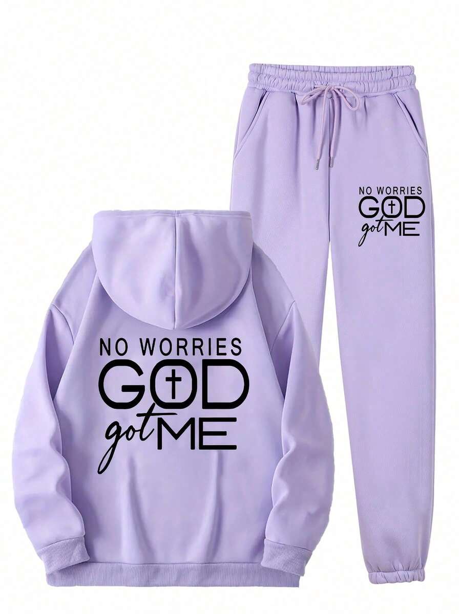 Fashion Hoodie Set] Fashion No Worries GOD Got Me Printed Hoodie And Sweatpants Set For Women, Kangaroo Pocket Outfit,Women's Spring And Autumn Clothing,Essential Winter Set,Women's Winter Clothing, Elegant Collection, Cute Sweater, Casual Attire, Comfortable Fit, Pullover Top, Stylish Women Winter Clothes For Women Winter Outfits For Women Two Piece Set Women 2 Piece Sets Woman Workout Sets Women Winter - Màu Lilac Tím - Xem 1