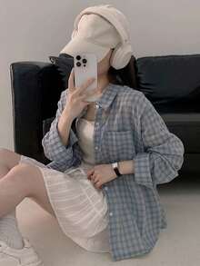 女士宽松休闲百搭长袖格子 Polo 衫 - 藍色 - 查看 1