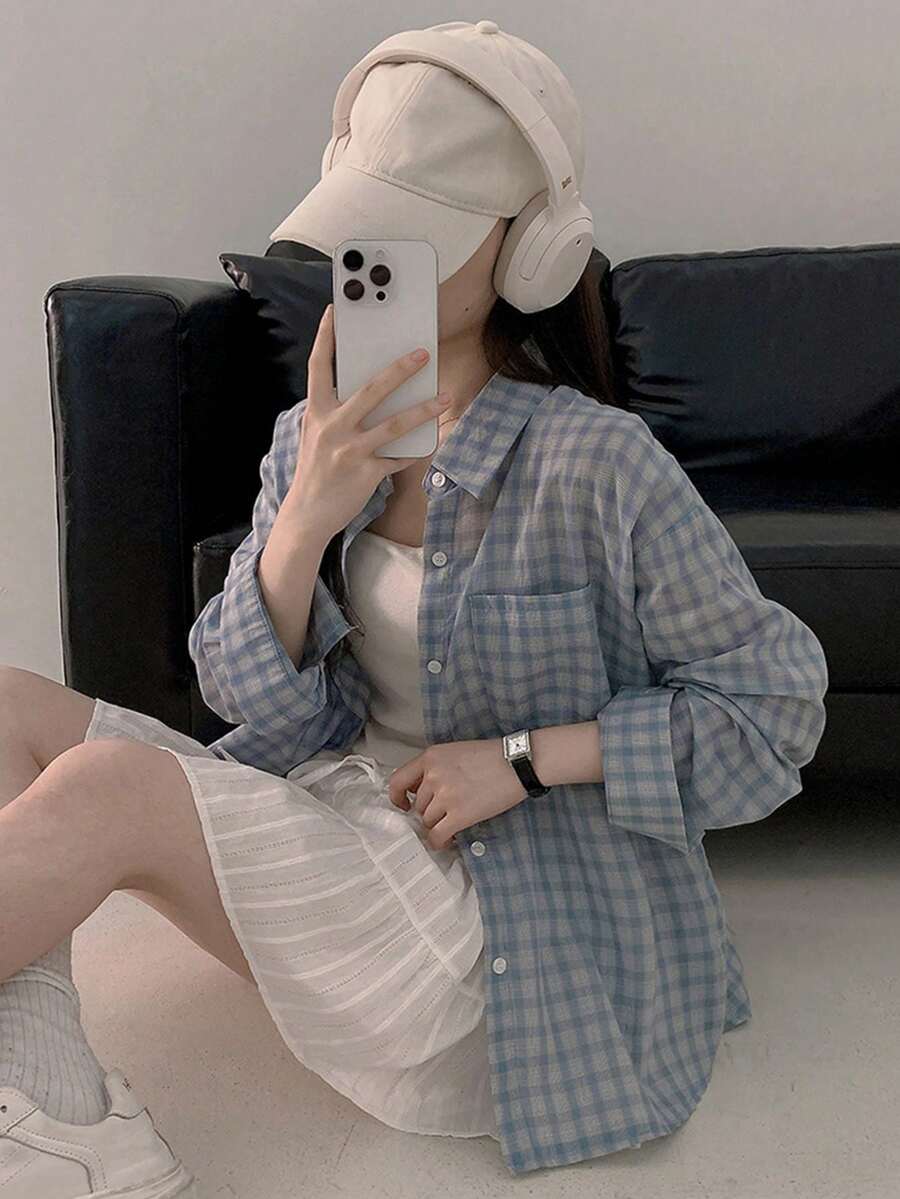 女士宽松休闲百搭长袖格子 Polo 衫 - 藍色 - 查看 1