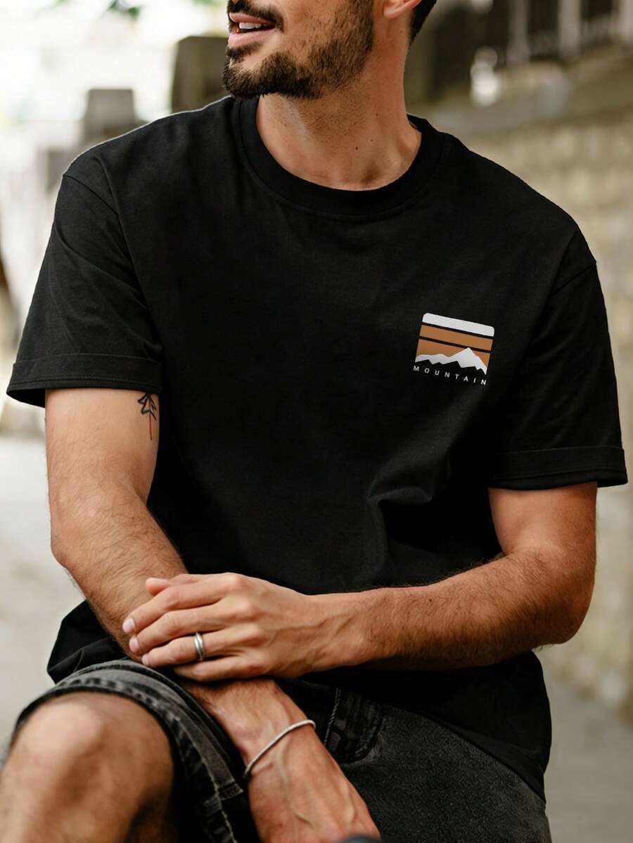 男士简约山地元素印花短袖T恤