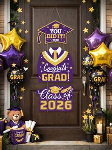 2026 Purple Graduation Decorations Door Signs Congrats Grad Class Of 2026, Graduation Wreath Hanging Signs Photo Booth Prop For Senior Party - Purple - View 1