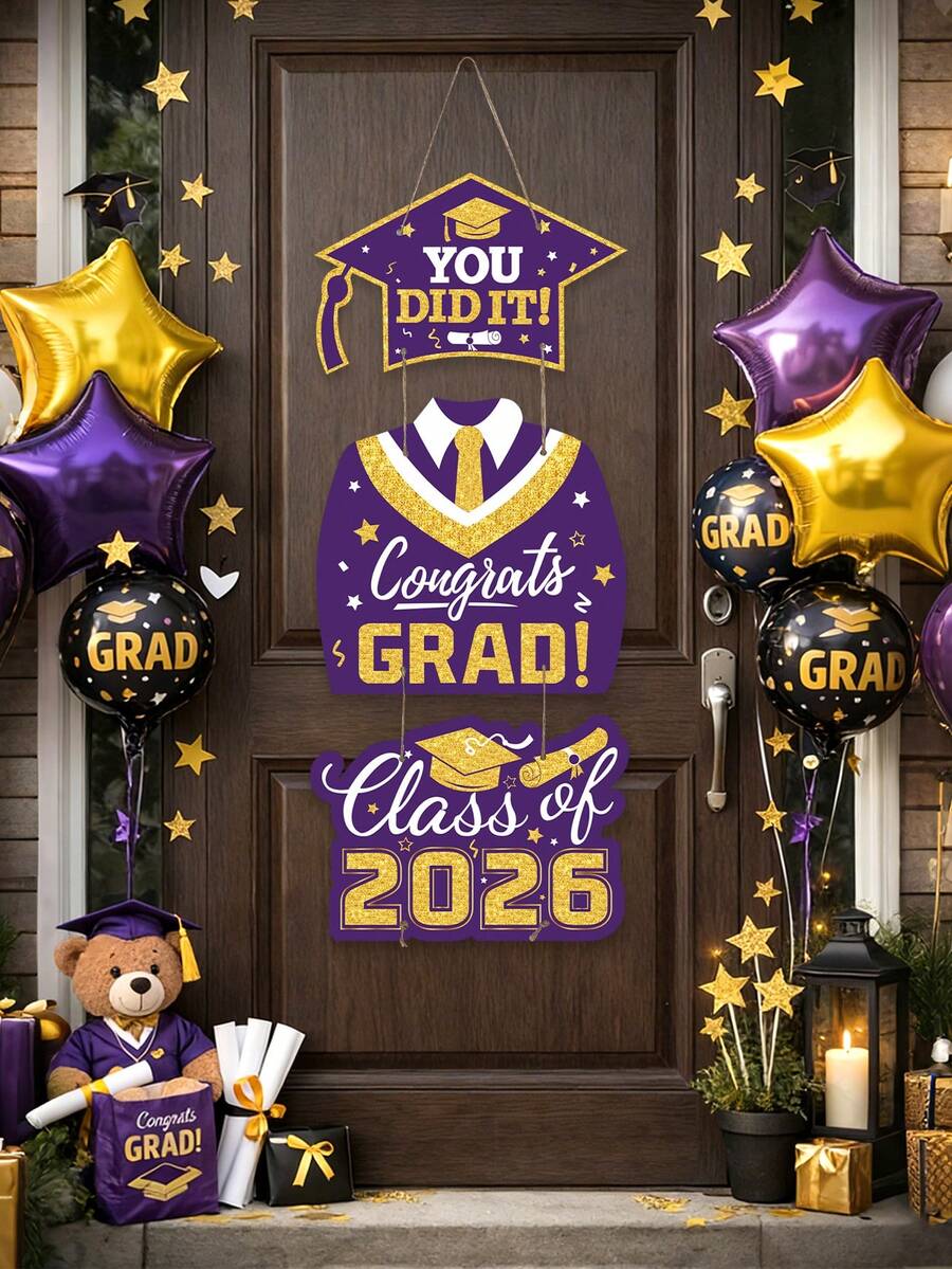 2026 Purple Graduation Decorations Door Signs Congrats Grad Class Of 2026, Graduation Wreath Hanging Signs Photo Booth Prop For Senior Party - Purple - View 1