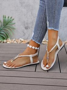New Spring/Summer Fashion Women Strap Slippers, Stylish Casual Roman Style Slip-On Sandals In Black, Beige, Brown, Solid Color Woven Comfortable Beach Sandals, Blogger Recommended Thick-Sole Sandals, Summer Beach Shoes, Elegant Buckle Low-Heel Round Toe Slides, Odor-Resistant Anti-Slip Cotton Fabric Beaded Decor Simple Outdoor Slippers, Versatile Flat Slip-On Women Flat Sandals - White - View 3