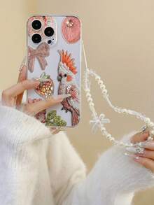 1pc Parrot & Peach Transparent Thickened Anti-Drop Painted Phone Case With Beaded Bracelet Accessory, Compatible With IPhone, Redmi - Multicolor - View 1