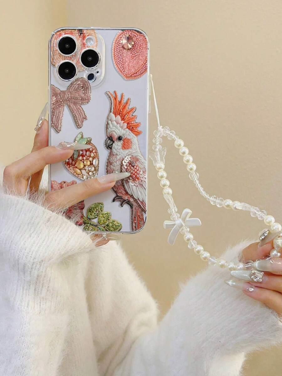 1pc Parrot & Peach Transparent Thickened Anti-Drop Painted Phone Case With Beaded Bracelet Accessory, Compatible With IPhone, Redmi - Multicolor - View 1
