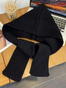 1pc Winter Hat & Scarf Set, Solid Color Design, Warm & Versatile Knitted Hooded Poncho - Multicolor - View 11