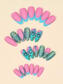 24片法式绿色花朵杏仁形美甲贴片，美甲闪粉，美甲用品，适合日常佩戴 - 彩色 - 查看 3