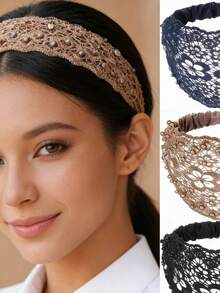 3pcs Vintage Floral Lace Headbands For Women, Wide Beaded Hair Accessories With Elastic Back Band, Fashion Headbands For Covering Gray Hair & Daily Casual Looks, Premium Hair Accessories For Women's Styling - 3件套 - 查看 3