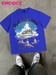 EMCGICC Street Life Men's Y2k Style (220 Pure Cotton T-Shirt) Retro Graphic Funny Printing,Hip Hop ,Men's Summer Tops Round Neck Short Sleeve Casual T-Shirt, Summer Street Sports Life Men's - 藍色 - 查看 1