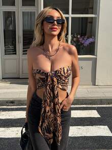 Sleeveless Knitted Fabric Tiger Print Tube Top For Women Micro Crop With Asymmetrical Hem Summer Style - Multicolor - View 5