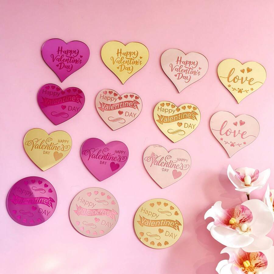 5 piezas/10 piezas/20 piezas Toppers de cupcake en forma de corazón de acrílico dorado con "Feliz Día de San Valentín", adecuados para el Día de San Valentín, fiestas de boda, decoración de pasteles y postres DIY - Multicolor - Ver 1