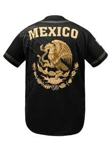 Men's Black & Gold Baseball Jersey, Mexico Letter Print + Embroidery Design, Loose V-Neck Short Sleeve Button-Up Sportswear Shirt, Suitable For Sports, Casual, Streetwear, Theme Parties, Unisex - Black - View 3