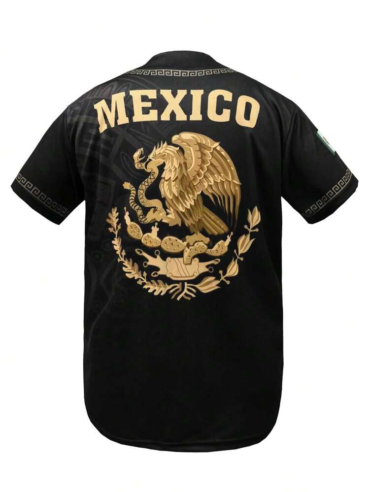 Men's Black & Gold Baseball Jersey, Mexico Letter Print + Embroidery Design, Loose V-Neck Short Sleeve Button-Up Sportswear Shirt, Suitable For Sports, Casual, Streetwear, Theme Parties, Unisex - Black - View 3