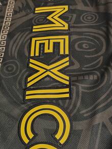 Men's Black & Gold Baseball Jersey, Mexico Letter Print + Embroidery Design, Loose V-Neck Short Sleeve Button-Up Sportswear Shirt, Suitable For Sports, Casual, Streetwear, Theme Parties, Unisex - Black - View 5