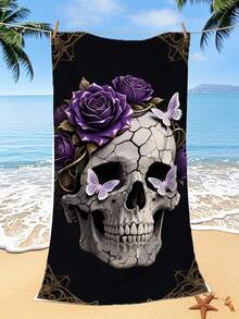 1pc Gothic Halloween Beach Towel, 250gsm Ultra-Fine Fiber Quick-Dry & Super Absorbent, Dark Skull Crack Rose Pattern, 70x140cm Or 90x180cm, Multi-Functional Sand Mat, Yoga Mat, Camping Blanket, Travel Shawl - Multicolor - View 11