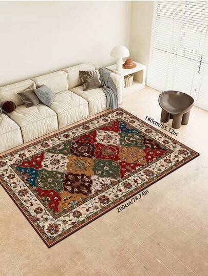 1 st. bohemisk stil geometriskt blommönster rektangulär plysch bekväm matta, lila röd grön rombdesign, heminredningsmatta året runt, perfekt julklapp för studenthem, vardagsrumsmatta, sovrum, entré, nordisk stil