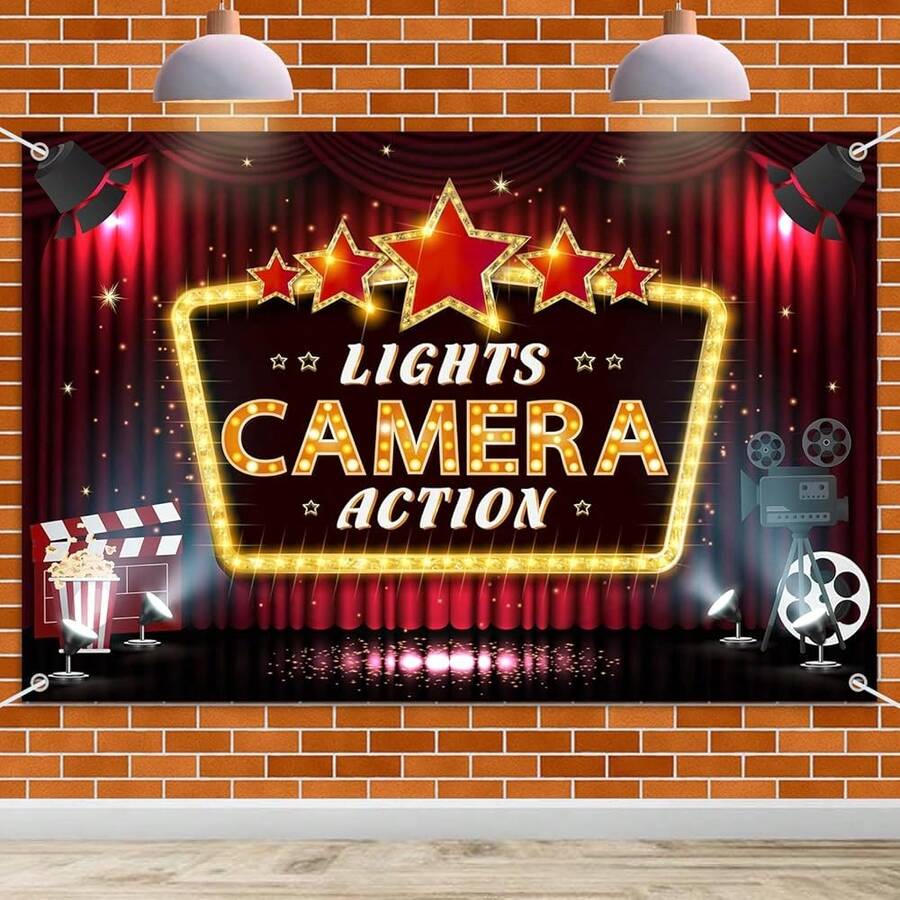 6x4ft Lights Camera Action Banner Backdrop - Movie Night Theater ...