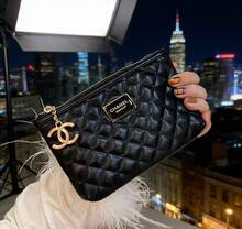 CHANEL Black Quilted Envelope Makeup Bag, Metal Badge, Lightweight & Durable, Y2K Fashion, Valentine's Day Gift, Commute & Shopping, All Season