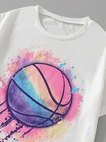 2pcs/Set Older Girls' Summer Short Sleeve T-Shirt And Rainbow Gradient Shorts, Fashion Basketball Print Casual Outfit