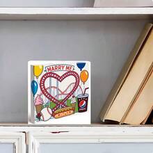 Romantic Proposal Amusement Park Themed Decorative Wooden Box - Red Heart Roller Coaster Track, Colorful Balloons, Ice Cream, Baseball, Hot Dog,  Cup & Rose, Playful Vibrant Design For Festive Gift Or Engagement Keepsake - White - View 2