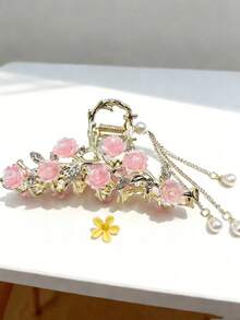 Presilha de cabelo Y2K Sweet Girl * Estilo romântico de primavera com rosa rosa, strass e borla de pérolas em dourado. Design requintado, perfeita para passeios de primavera, jantares românticos, looks com Hanfu, chá da tarde com a melhor amiga, estilo streetwear de férias. Acessório de cabelo versátil e elegante, com presilha de garra para um visual casual e sofisticado. - Multicolorido - Ver 2