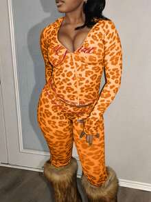 LovelyWholesale Women's Cute Hooded Long Sleeve Letter & Leopard Print Zip-Up Jacket And Flare Pants Set, Spring Break Outfit, Summer Vacation Wear - Orange - View 4