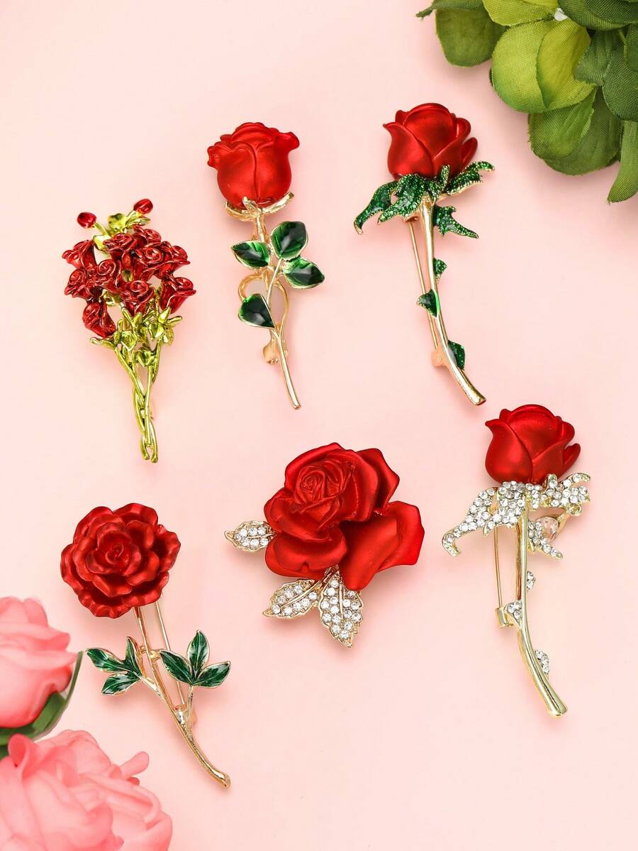 奢华珐琅水钻玫瑰花胸针 - 植物胸针，女士母亲节珠宝配饰礼物徽章装饰