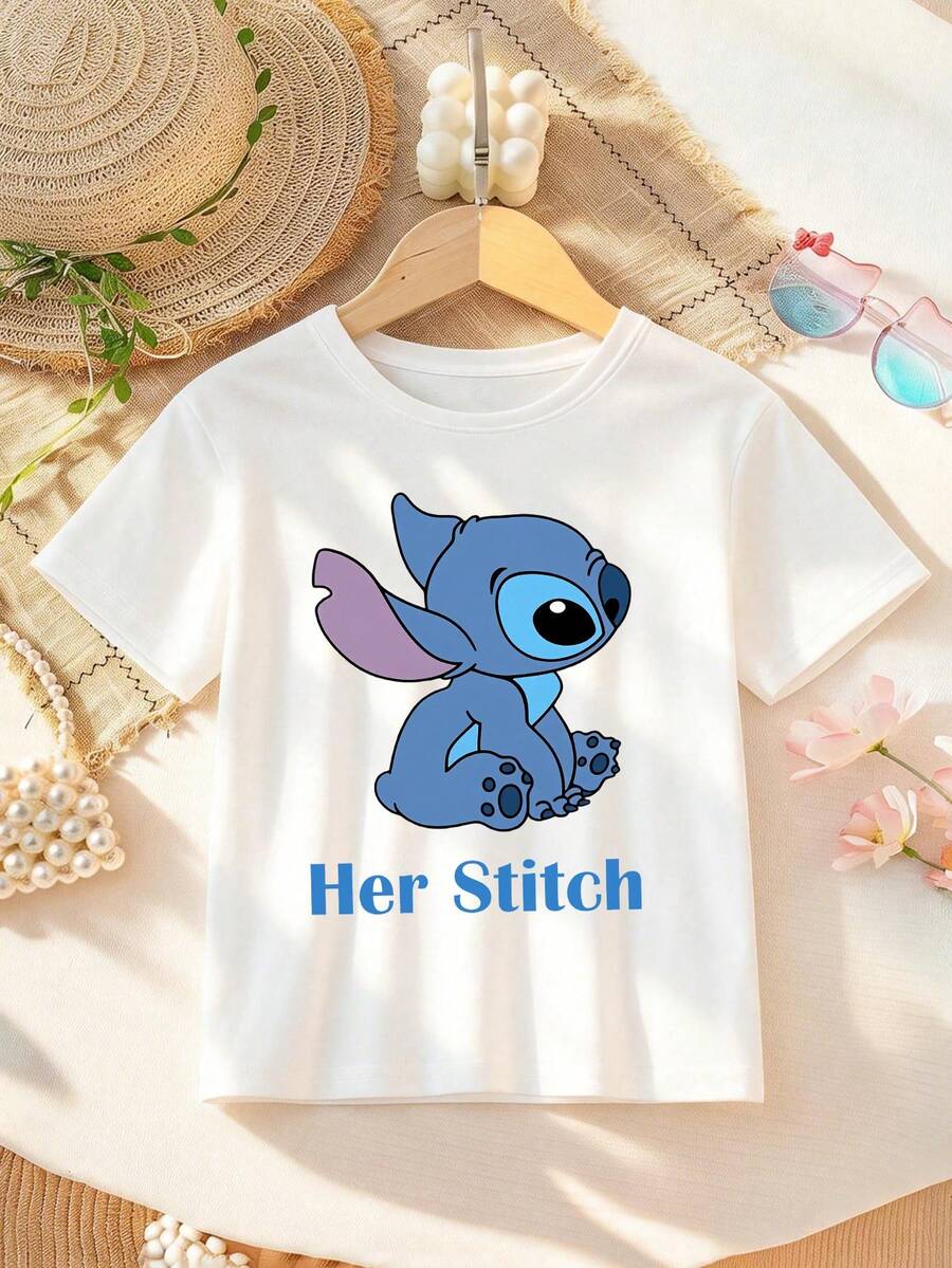 Disney Valentine's Day Stitch Alphabet Print Boys' T-Shirt - Children's Clothing Design Short-Sleeve Casual Cute Style Comfortable And Relaxed Fit For Boys And Girls Perfect For Parties And Play Machine Washable Gift-Wrapped Children's Apparel Boys' Short-Sleeve Shirt - White - View 1