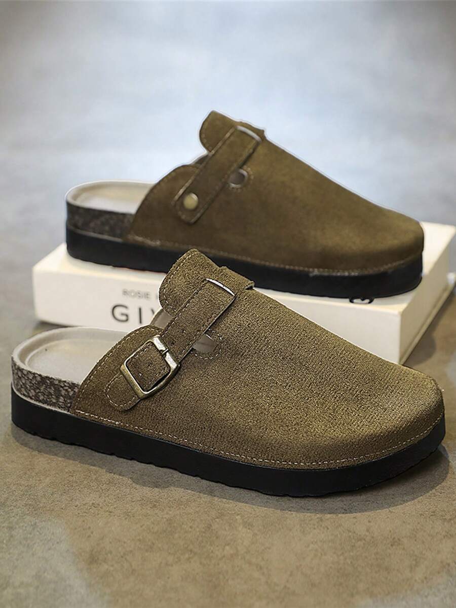 2双装男士厚底耐磨一脚蹬凉鞋，夏季户外可调节绑带舒适拖鞋，时尚男女情侣款勃肯鞋 - 棕色 - 查看 1